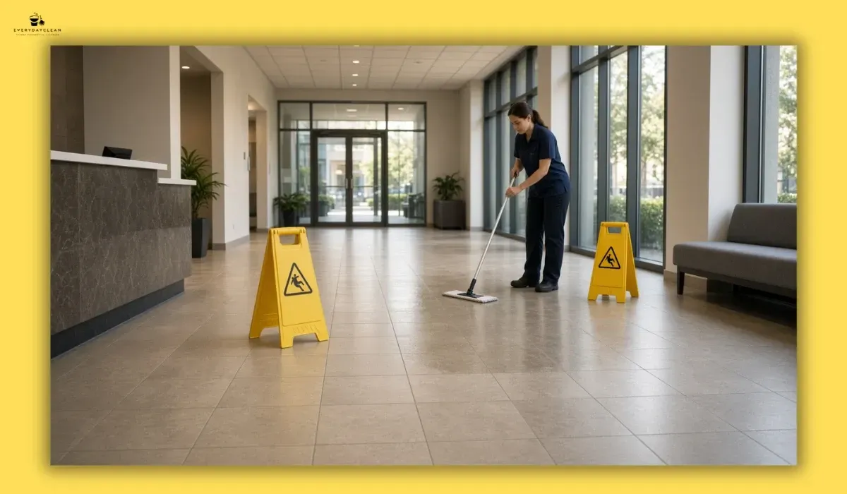 Wet floor signs placed around a commercial tiled area during cleaning