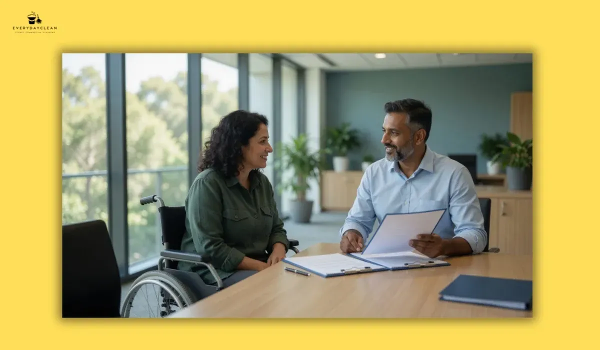 Wheelchair user discussing services with an NDIS registered cleaning provider