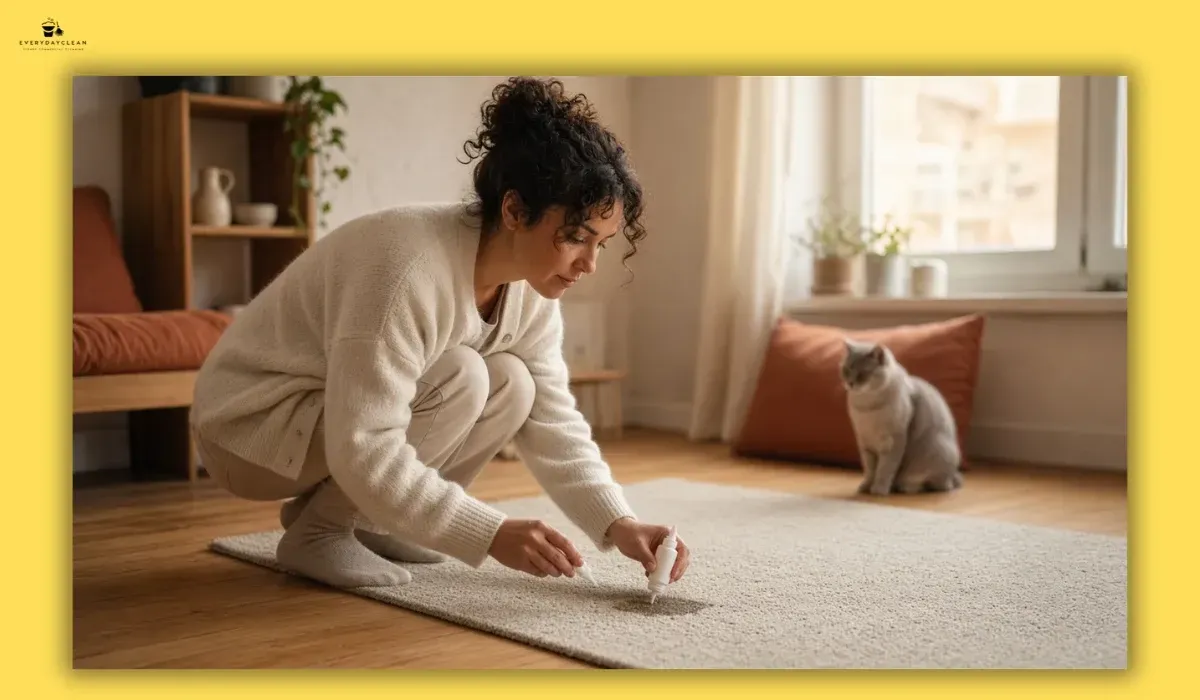 Woman treating a cat urine odour area on a beige rug with enzyme cleaner