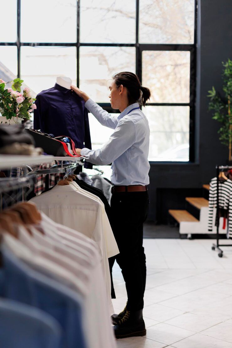 Person in a light blue shirt arranging clothes on a rack in a clothing store.