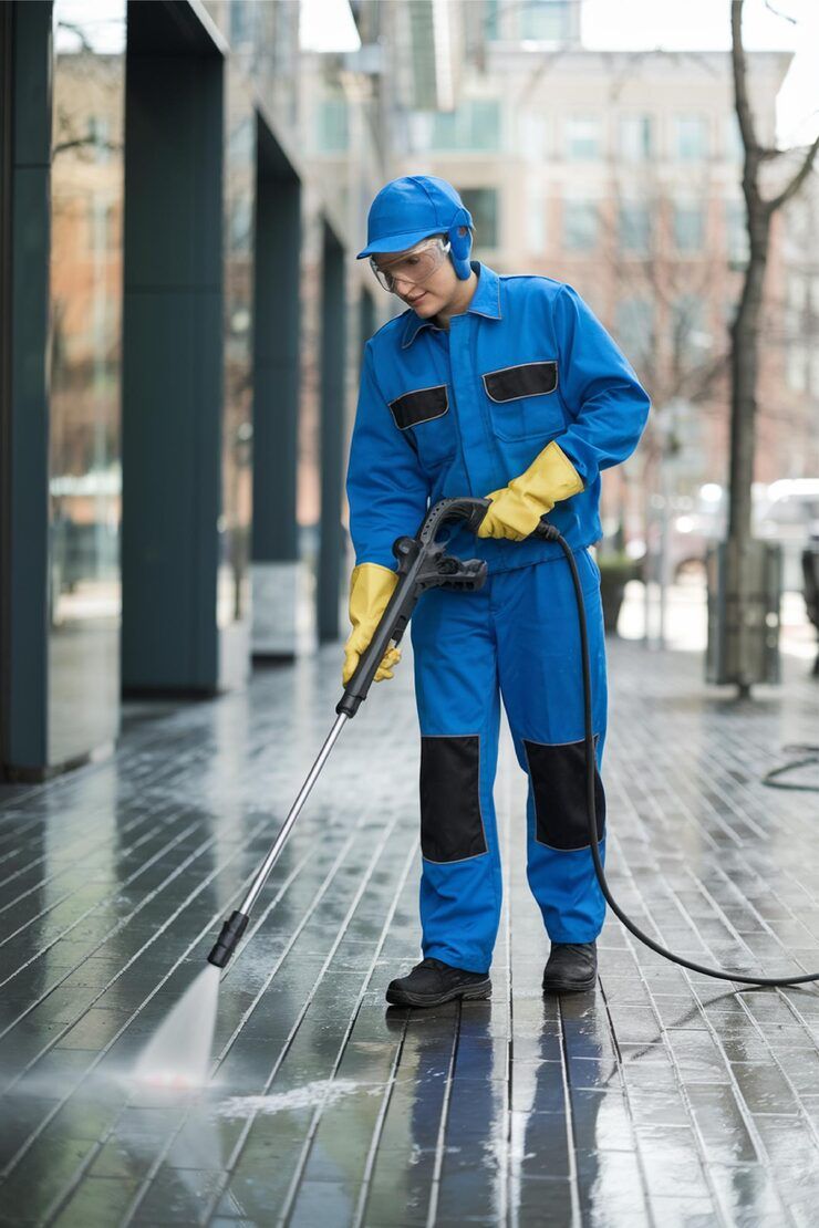 Person in blue overalls power washing a brick sidewalk.