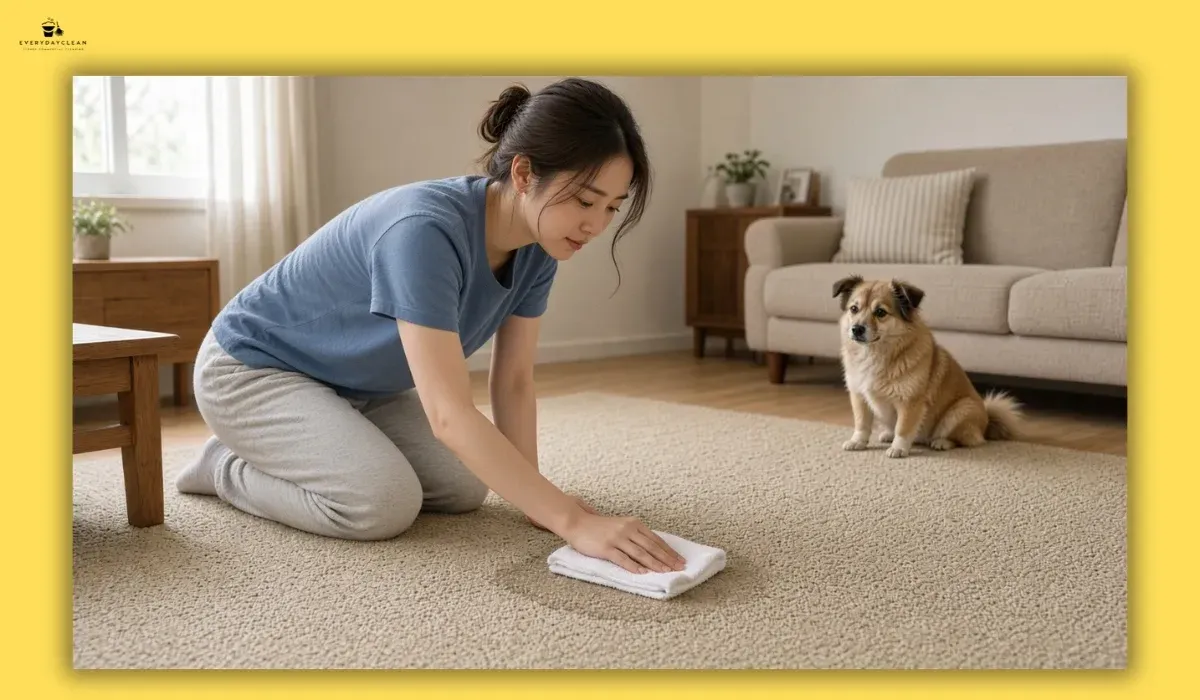 Young woman blotting a fresh dog urine spot on a living room carpet