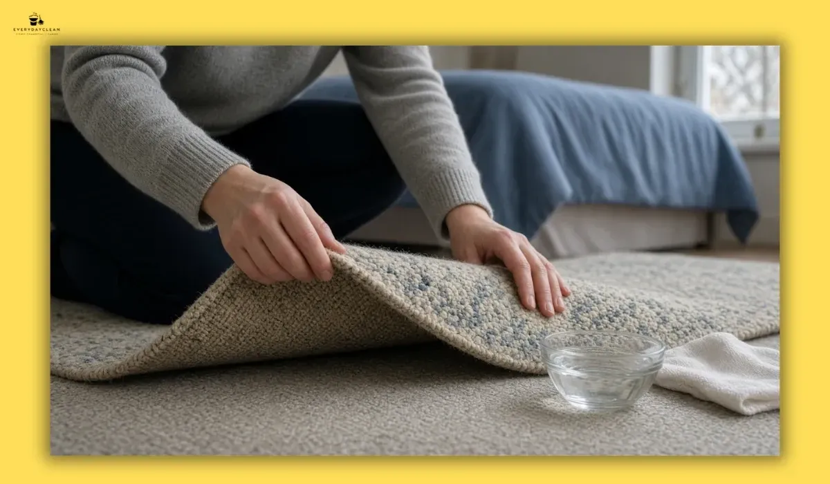 Young woman testing a cleaning solution on a hidden corner of a delicate wool rug