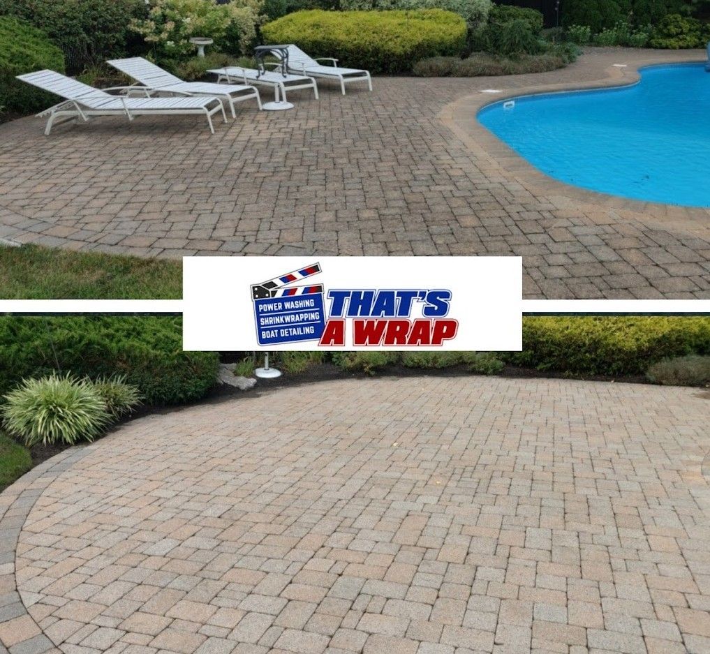 Before and After Power washing brick pavers around inground pool area.