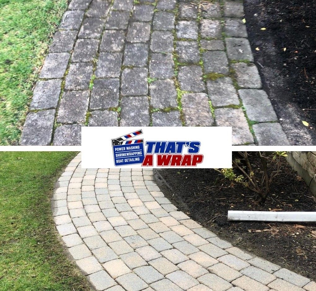 Before and after power washing brick pavers walkway