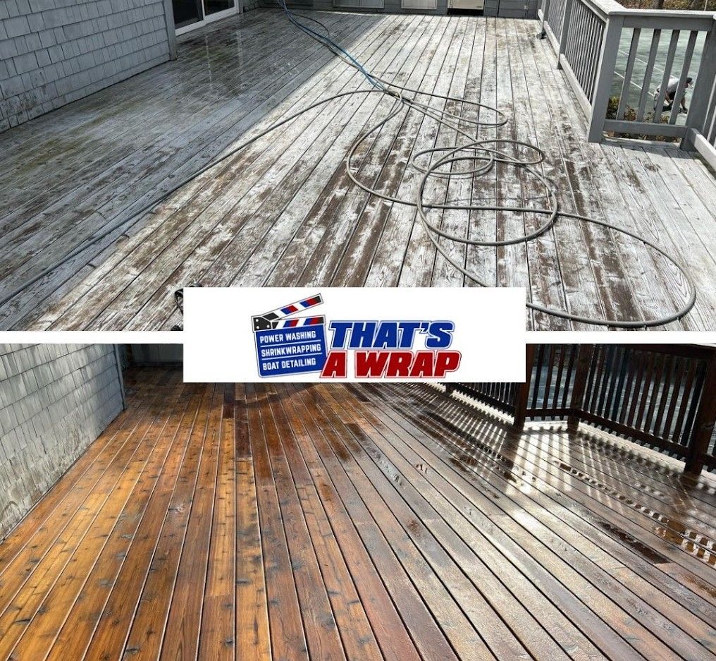 before and after power washing backyard deck area