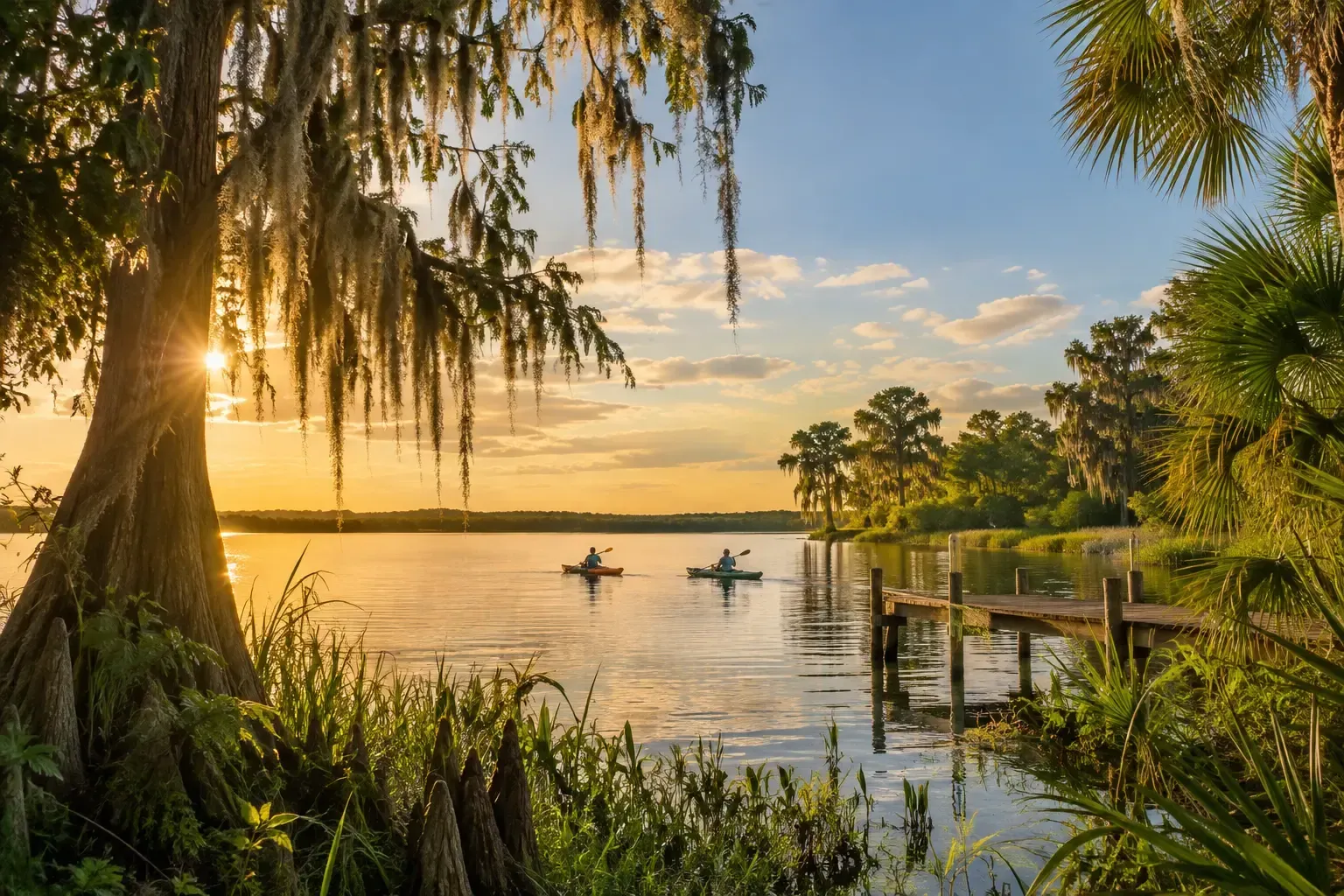 Escena de lago y kayak inspirada en Central Florida, generada con IA