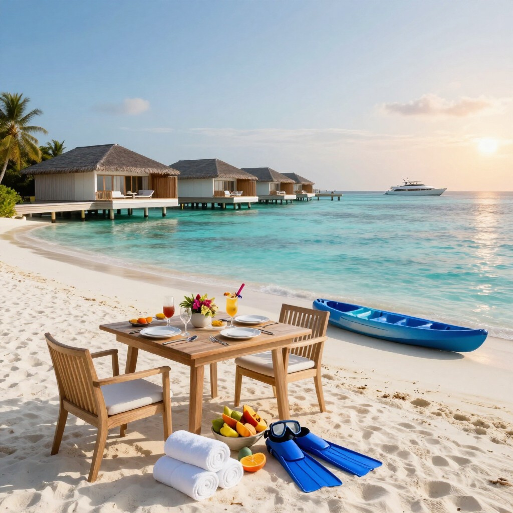 Luxury Maldives all-inclusive resort with beach villas, water villas, cocktails, dining, snorkelling equipment and turquoise lagoon.