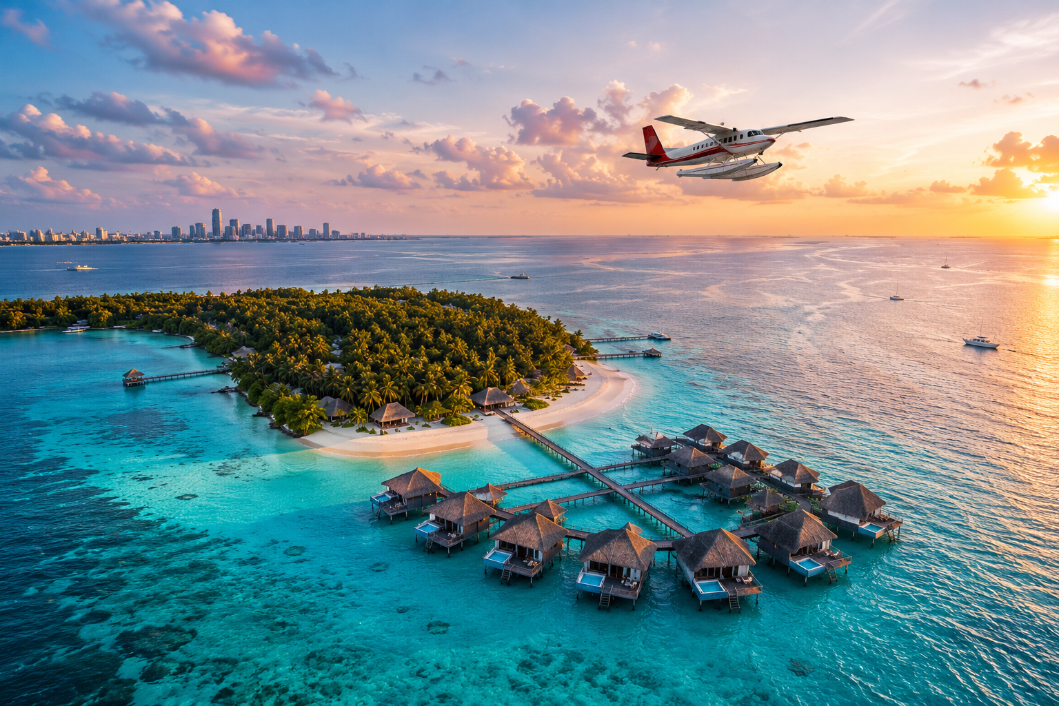 Aerial view of a Maldives resort island surrounded by a wide turquoise lagoon