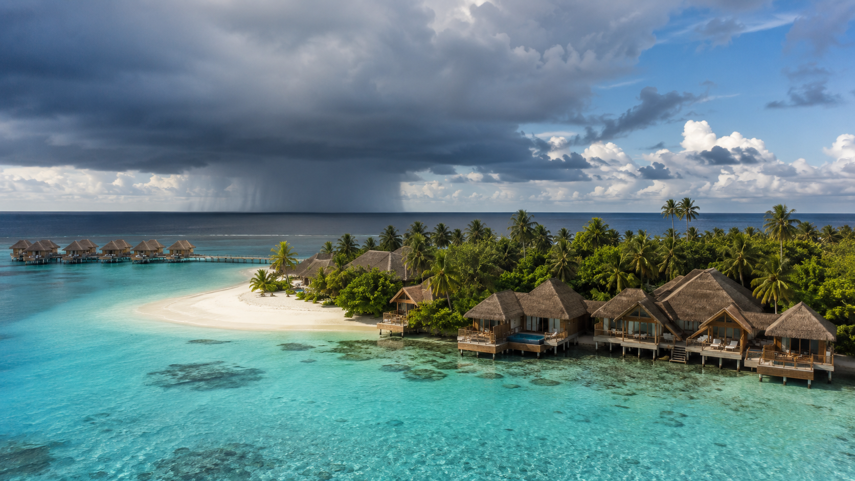 Maldives resort island with turquoise lagoon and passing July rain clouds