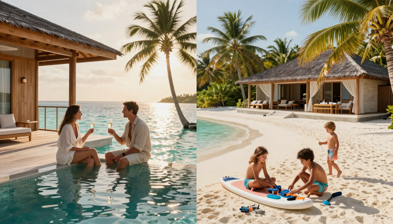 Adults-only couple and family resort scene in the Maldives with water villas, beach villas and turquoise lagoon.