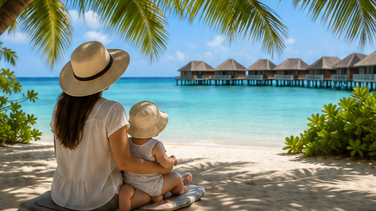 Parent and toddler beside a calm Maldives lagoon and beach villa