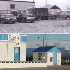 Two photos of a small roadside gas station: trucks parked outside, with a blue-and-white fuel shack and signs.