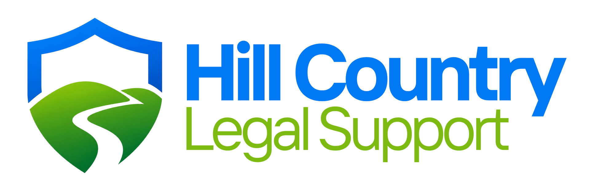 Hill Country Legal Support logo with blue, green, and white text and a green landscape icon