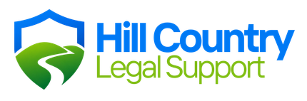 Hill Country Legal Support logo with green hill icon and blue and green text
