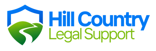 Hill Country Legal Support logo with green hill icon and blue and green text