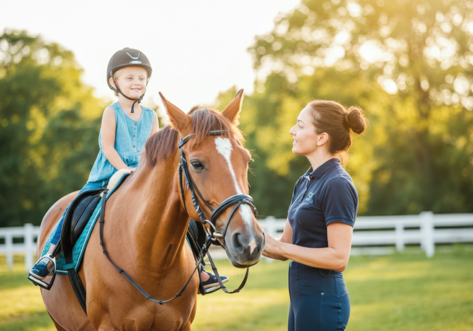 A woman is standing next to a little girl riding a horse.
