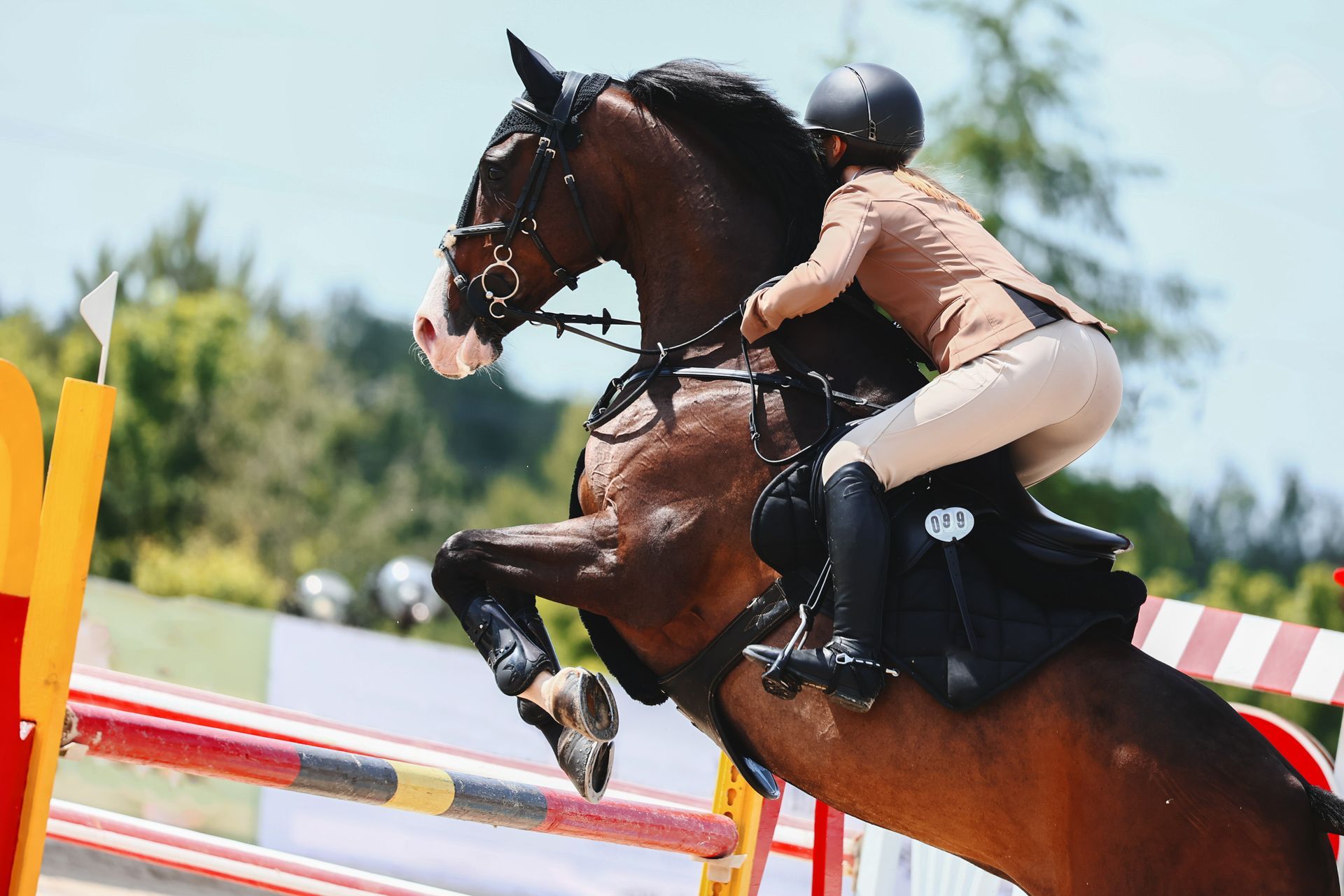A woman is riding a brown horse over a hurdle.