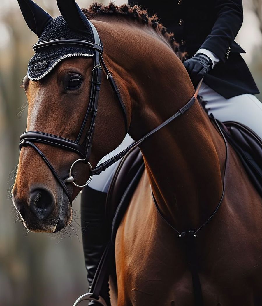 A close up of a person riding a brown horse