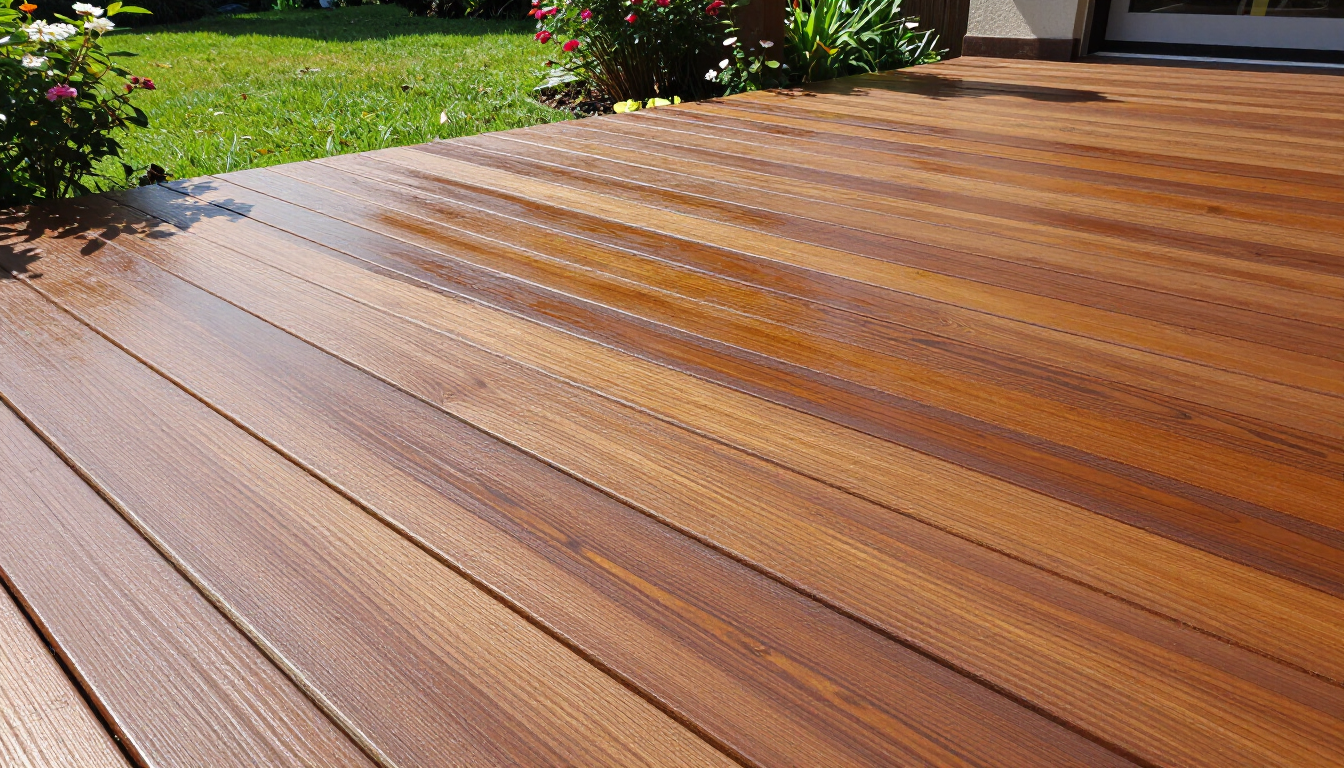 Freshly stained wooden deck with warm brown planks beside a green garden.