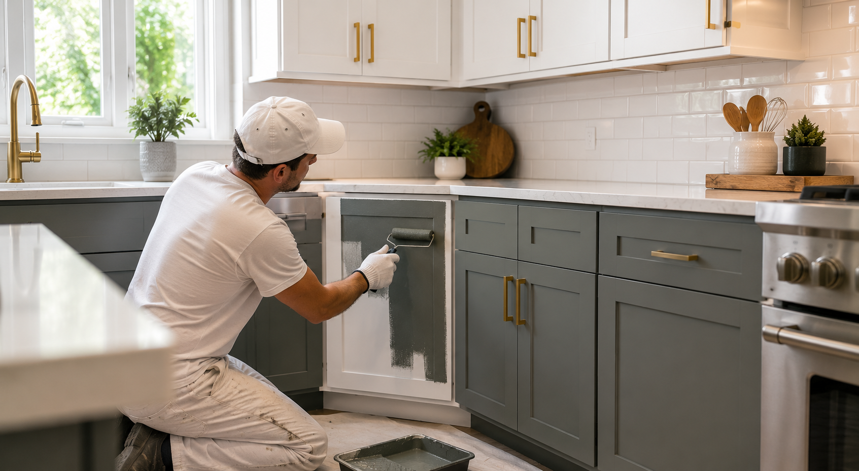 Person painting gray kitchen cabinets under white countertops in a bright modern kitchen