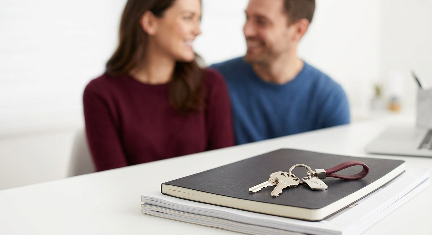 Two people smiling across a table with house keys on a notebook in the foreground