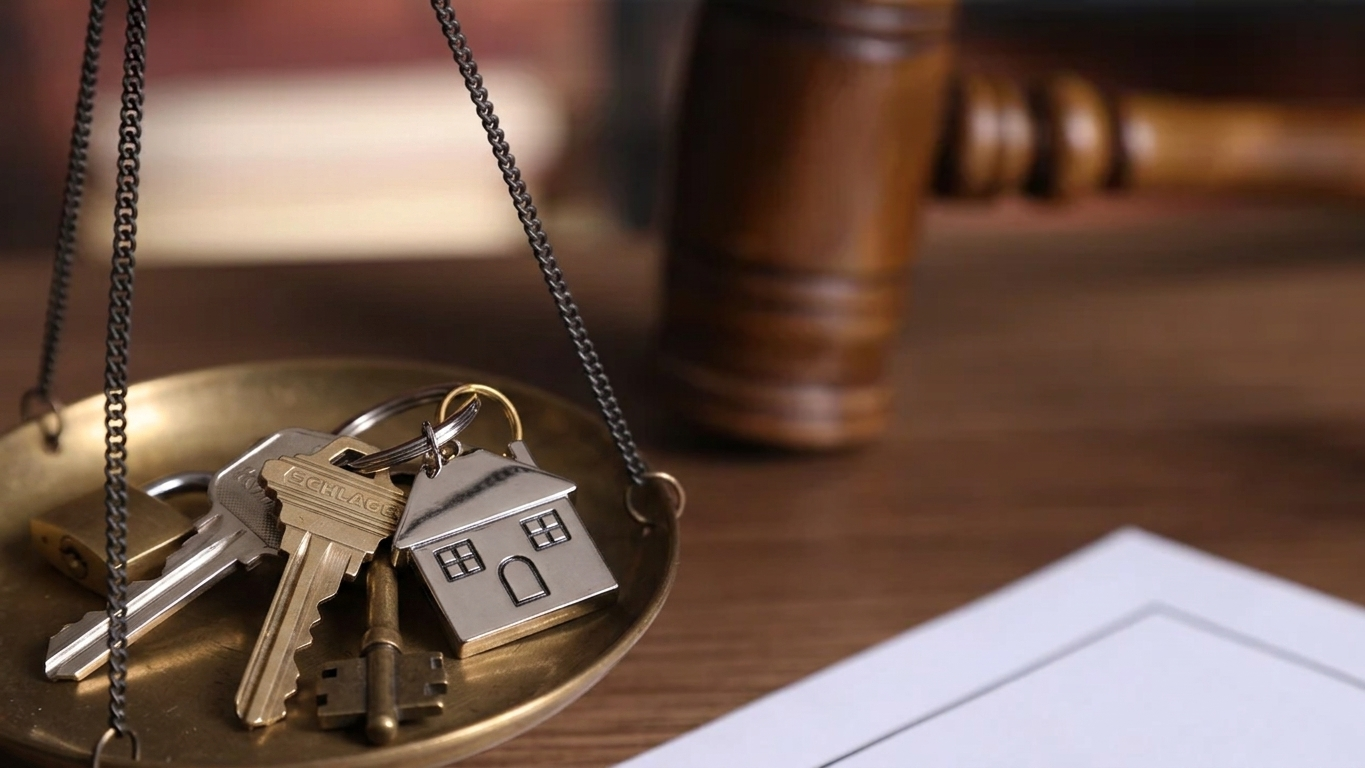 Keys and a padlock on a brass scale beside a gavel and document paper