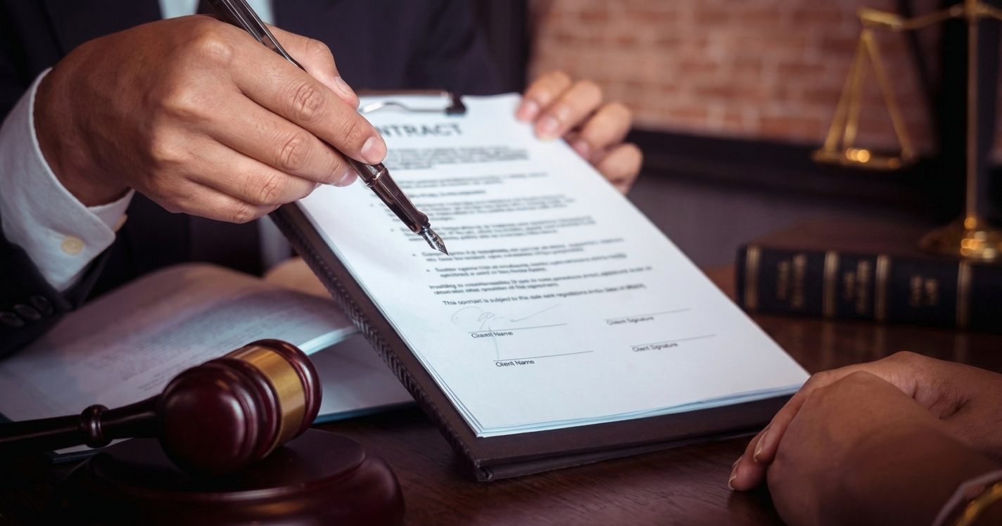 Lawyer pointing at a document on a clipboard beside a gavel on a desk