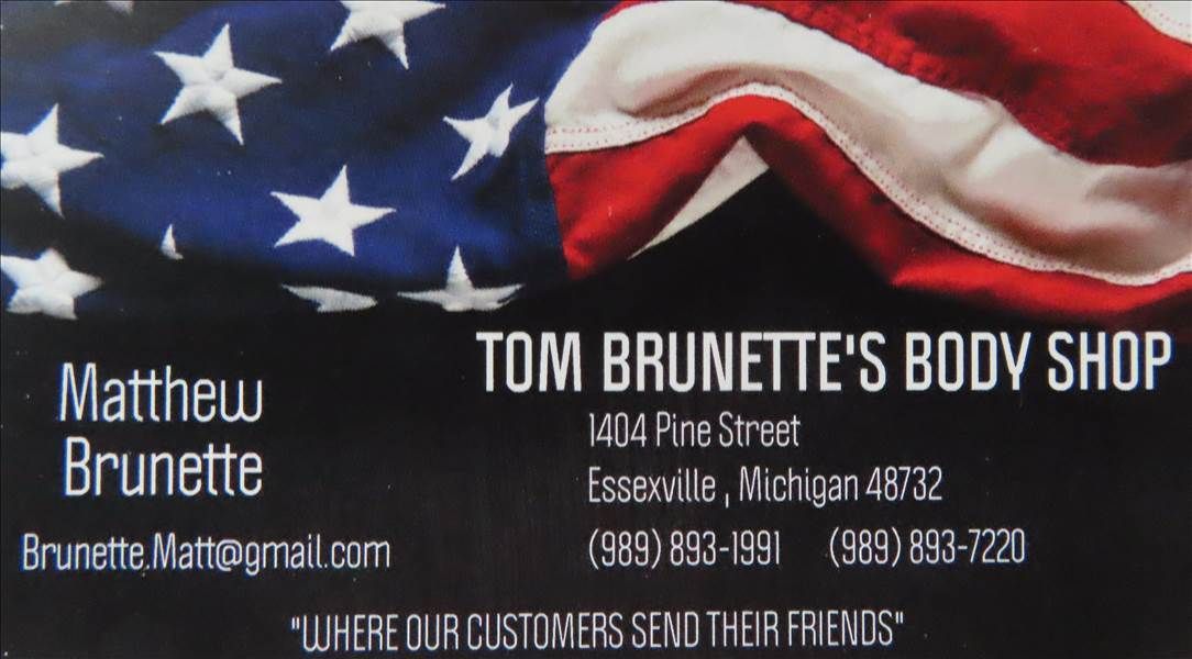 Business card for Tom Brunette's Body Shop, with American flag background. Includes contact info for Matthew Brunette.