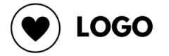 A black and white logo with a heart in a circle.