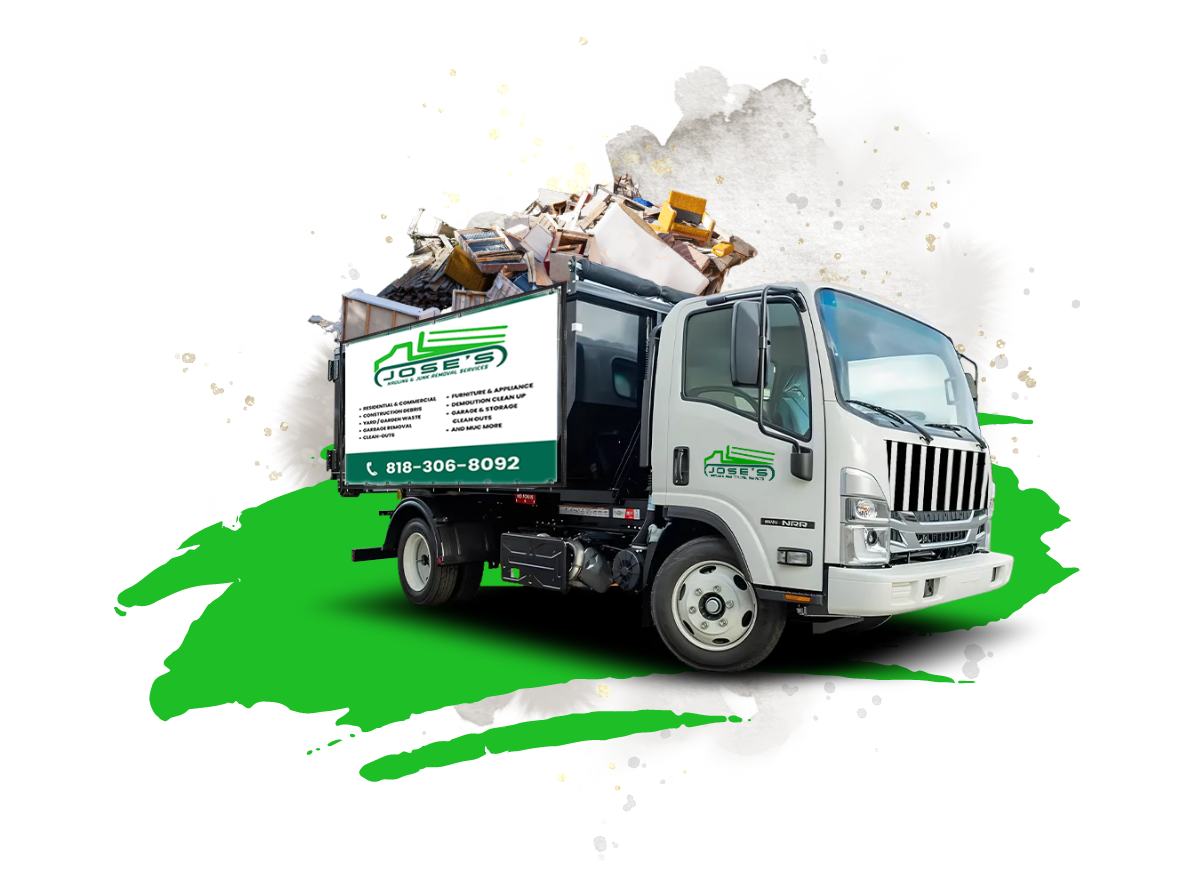 A garbage truck is filled with trash on a white background.
