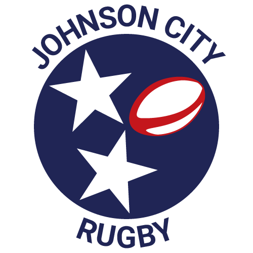 The logo for johnson city rugby shows a rugby ball in a circle with two stars.