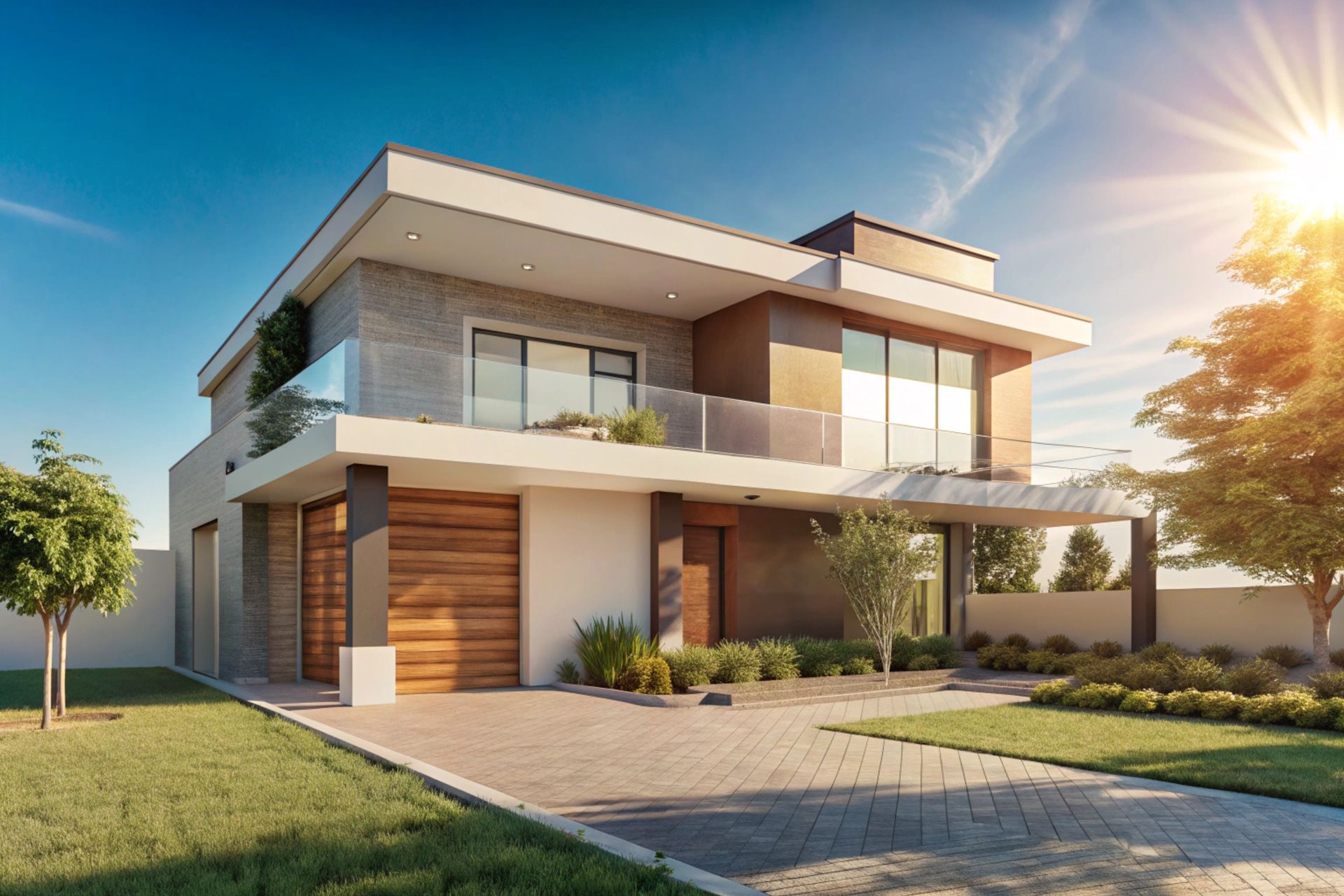 A modern house with a lot of windows and a large driveway.