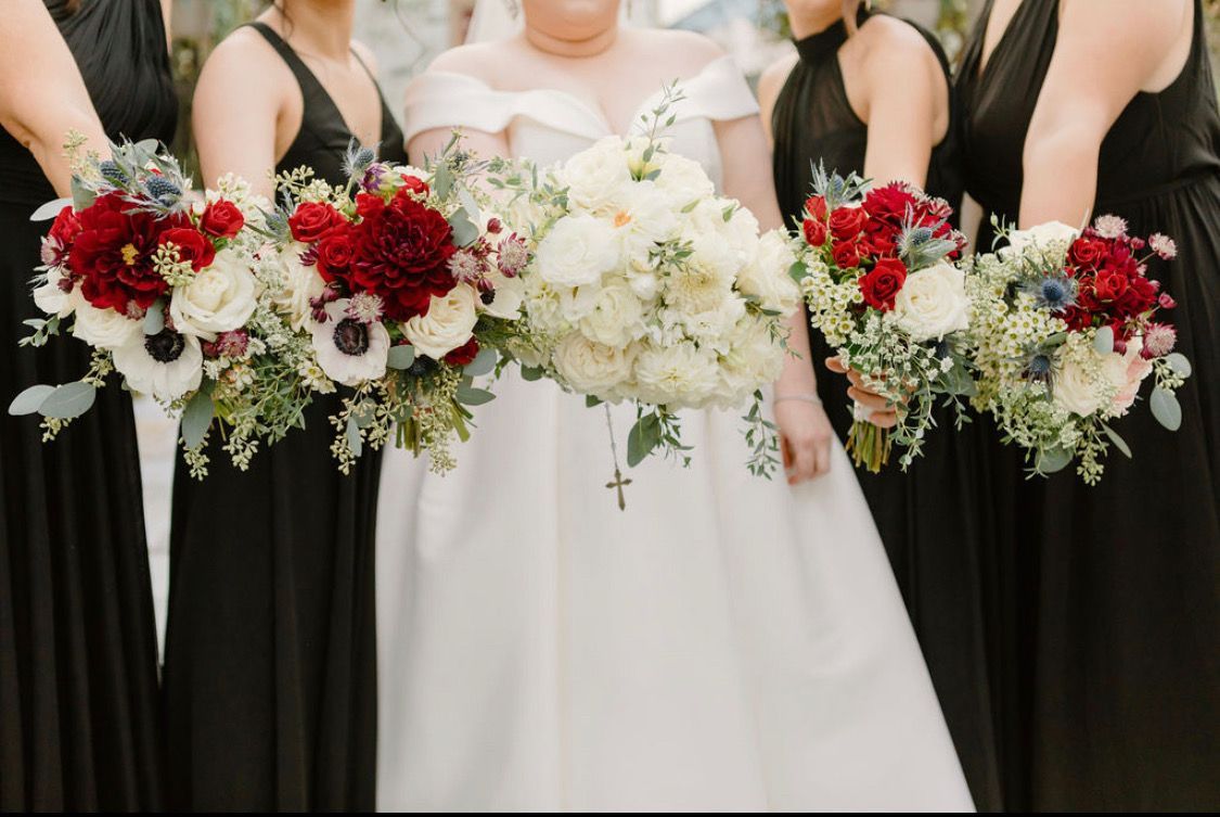 red black and white floral arrangements