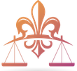 Stylized orange-to-pink justice scales with fleur-de-lis symbol above