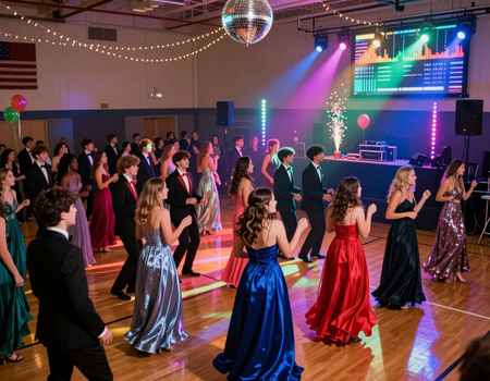 School dance with colorful DJ lighting
