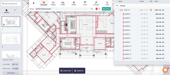 A floor plan marked with red lines, open on a digital platform, with a list of items displayed on the side.
