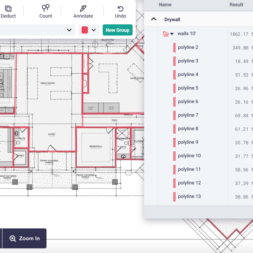 Floor plan with red highlighted walls and a table of measurements.