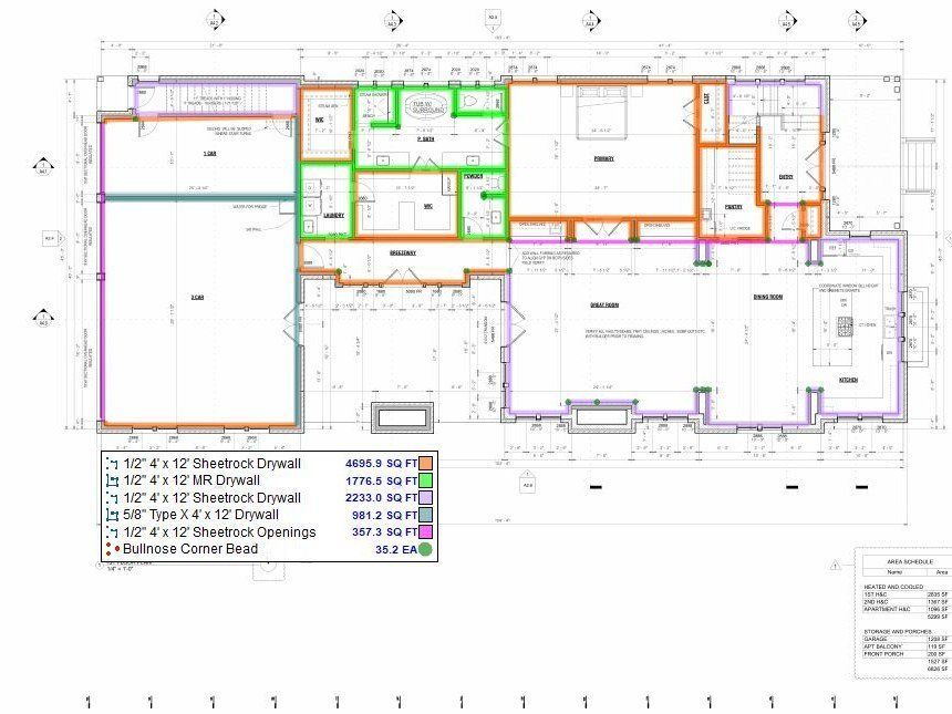 Wall drywall takeoff, Project Odell