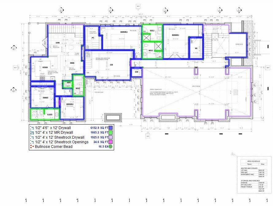 Second floor wall drywall takeoff plan, Project Odell Bentonville