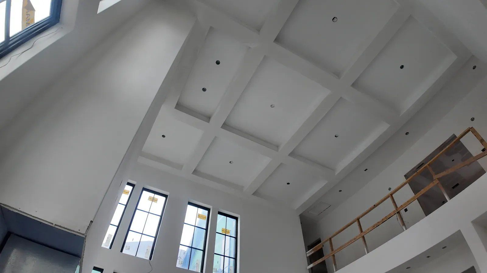 Coffered ceiling at the landing with smooth drywall, Project Odell Bentonville