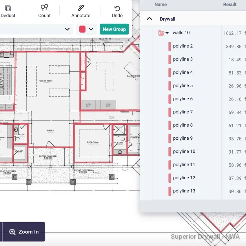 Digital drywall takeoff on a floor plan with wall runs highlighted in red, used to build a free drywall estimate
