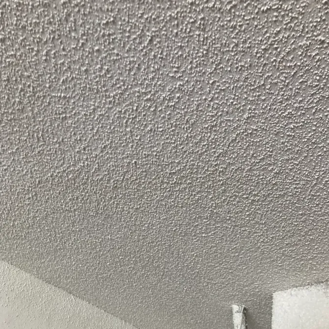 Textured, off-white ceiling. Heavy, popcorn-like surface.