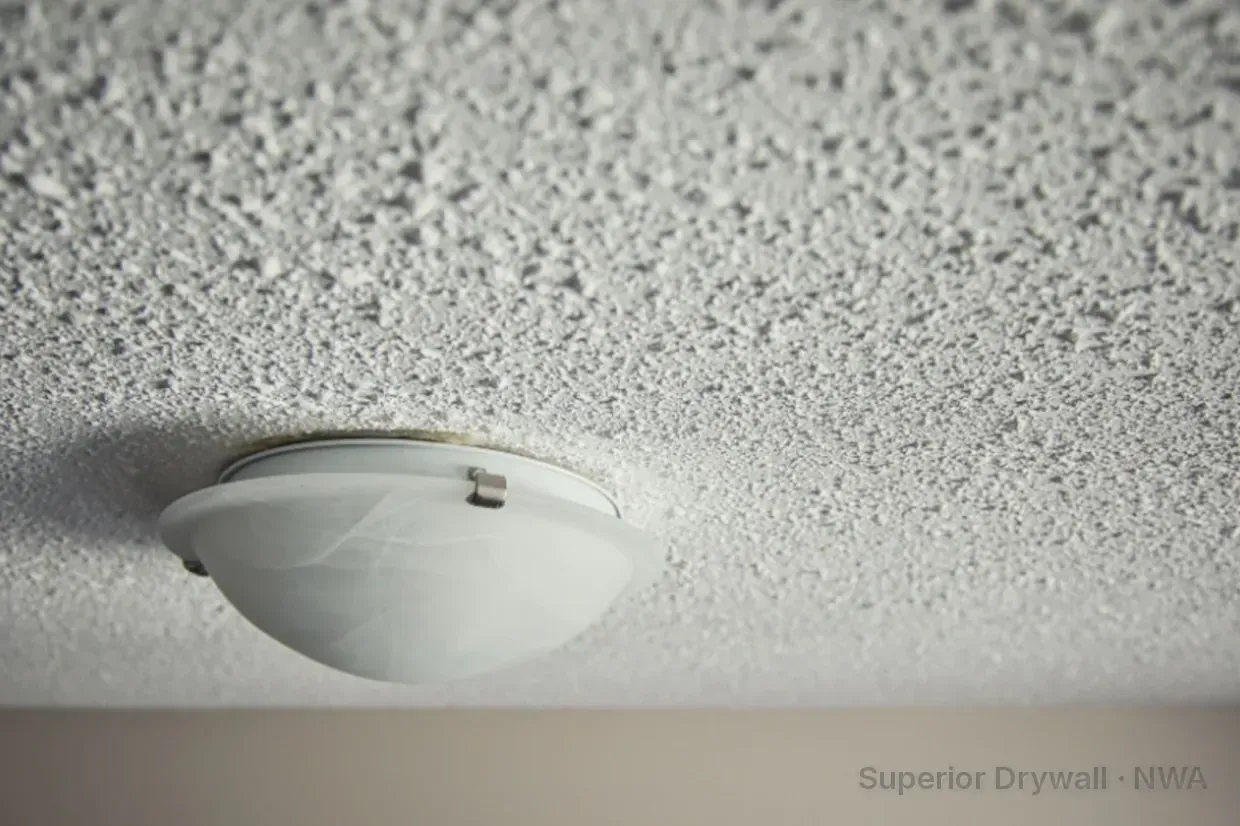 Close-up of an older popcorn ceiling texture around a dome light in a Northwest Arkansas home