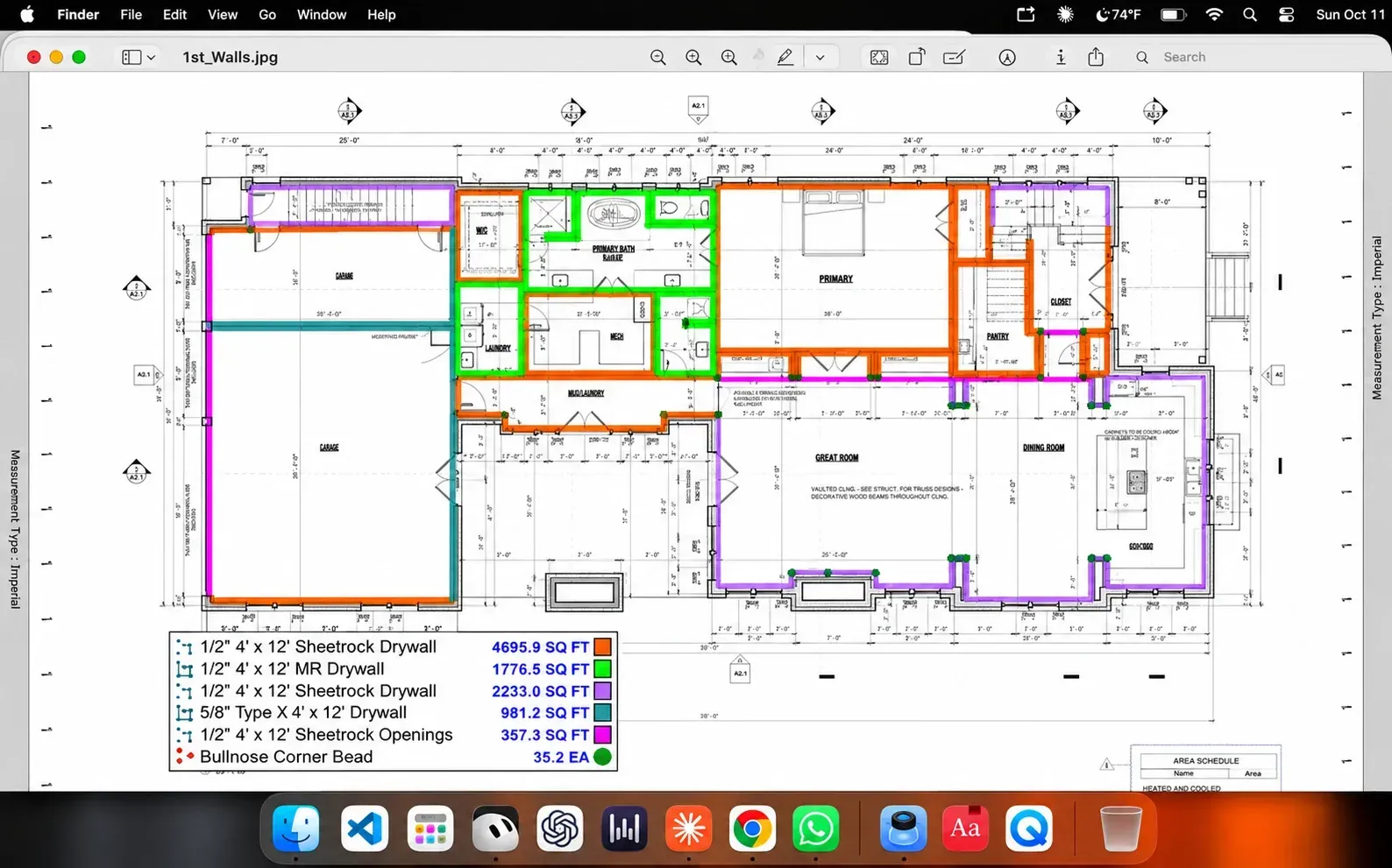 First floor drywall takeoff on a MacBook: color-coded walls for 1/2 inch regular, moisture-resistant and 5/8 inch Type X drywall, with a legend of square footage per board type