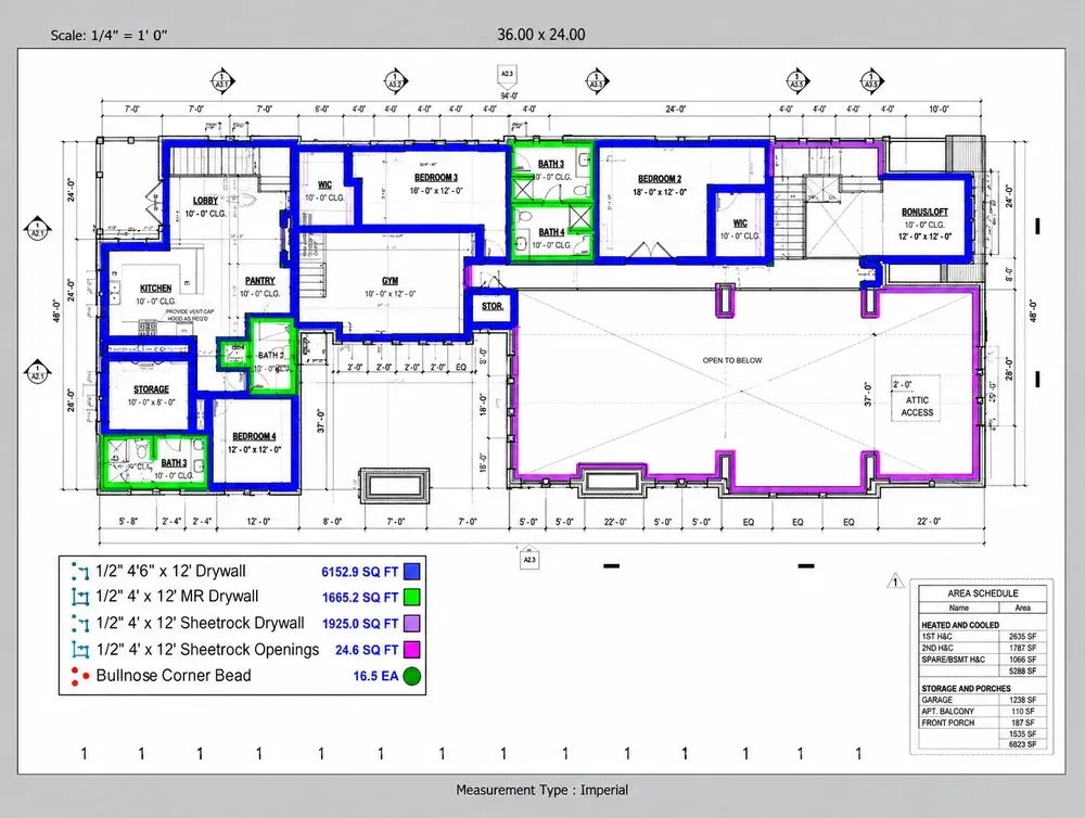 Second floor drywall takeoff: blue 1/2 inch board, green moisture-resistant board in the baths, purple 1/2 inch board around the open-to-below area, with a legend of square footage