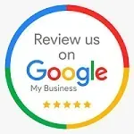 Google review badge with colorful ring, “Review us on Google My Business,” and five gold stars