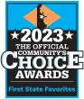 2023 Community's Choice Awards badge, blue and black with First State Favorites text