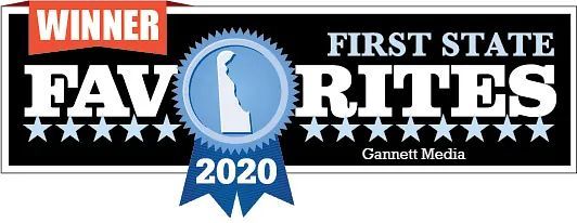 Winner logo for First State Favorites 2020, with blue ribbon and white text on black background