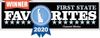 Winner logo for First State Favorites 2020, with blue ribbon and white text on black background